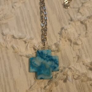 Blue Marble Cross Pendant Necklace - Women Jewelry